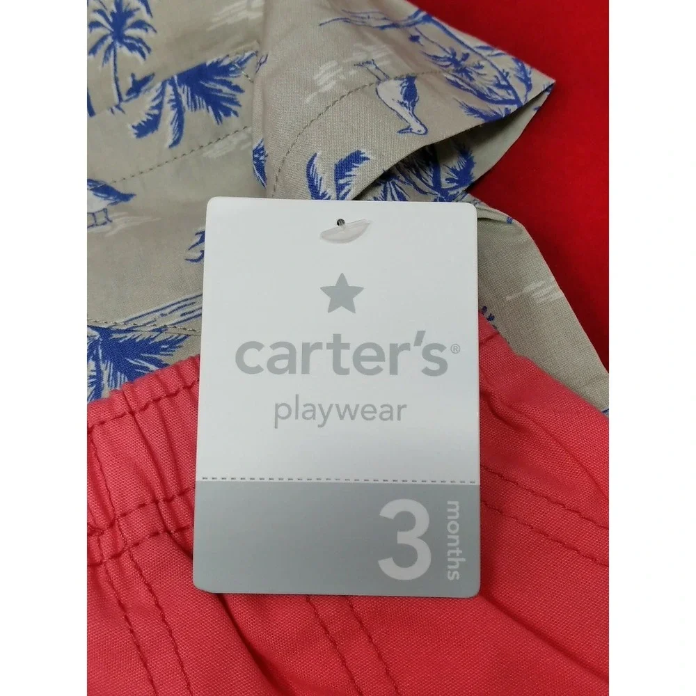 Carter's Boy's 2-Piece Shorts Shirt Set Palm Trees Size 3 Months Pink Green NEW